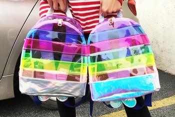 Нова ежедневна прозрачна раница Rainbow Stripe чанти PVC прозрачен контрастен цвят Модни ученически чанти с голям капацитет за момичета