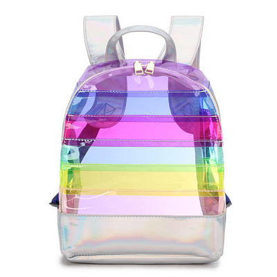 Нова ежедневна прозрачна раница Rainbow Stripe чанти PVC прозрачен контрастен цвят Модни ученически чанти с голям капацитет за момичета