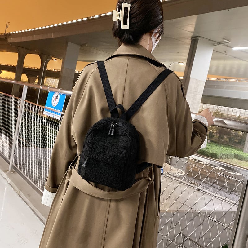 Rucsac mic de pluș pentru femei, simplu, de culoare solidă, pentru femei, toamnă iarnă, mini genți de școală pentru copii, genți de umăr