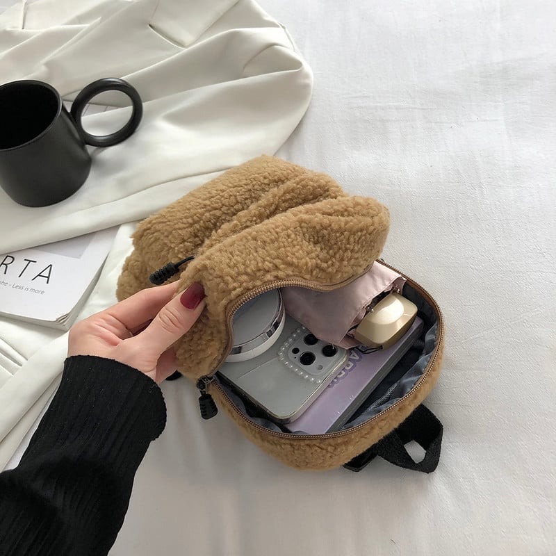 Rucsac mic de pluș pentru femei, simplu, de culoare solidă, pentru femei, toamnă iarnă, mini genți de școală pentru copii, genți de umăr