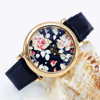 Ρολόγια Shsby Bright Δερμάτινο λουράκι Ροζ χρυσό Γυναικείο Ρολόι Κορίτσι Flower Casual Ρολόι χειρός Lady Rhinestone Quartz 01