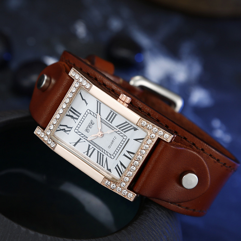 Rooma vabaaja naiste ruut käekell lehma nahast rihmaga kell naiste kleit kvartskristallist käekell paarid käevõru kellad