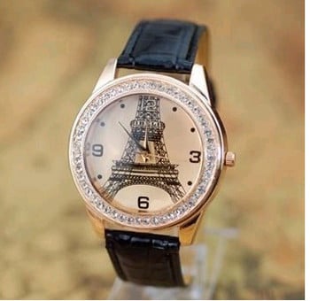 shsby Fashion Paris Eiffel Tower Γυναικεία ρολόγια με δερμάτινο λουράκι Γυναικεία ρολόγια Rhinestone Γυναικεία φόρεμα Ρολόι χειρός δώρο χονδρικής