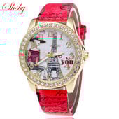 Ceasuri de mână cu curea din piele Turnul Eiffel marca Shsby Ceas de mână cu strass pentru femei Ceasuri de rochie pentru femei Ceas casual