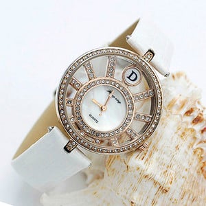 Shsby Nou ceas cu cuarț din piele de calitate superioară, mărgele rulante cu strass, ceasuri de aur pentru femei, ceas de rochie pentru femei, floare, fluture