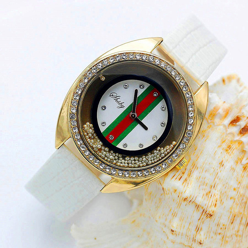 Shsby Nou ceas cu cuarț din piele de calitate superioară, mărgele rulante cu strass, ceasuri de aur pentru femei, ceas de rochie pentru femei, floare, fluture