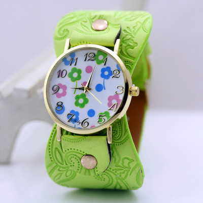 shsby Nyomtatott bőr karkötő karóra Széles sávú női ruha Óra színes virágok Divat Női alkalmi karóra lány ajándéka