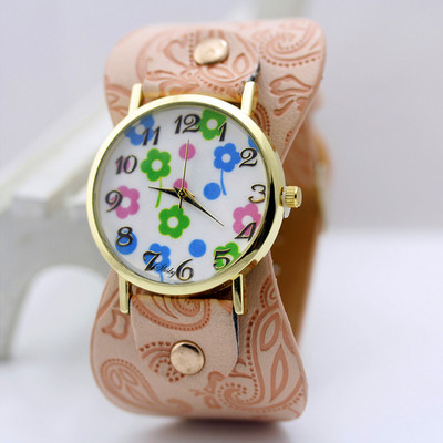 shsby Nyomtatott bőr karkötő karóra Széles sávú női ruha Óra színes virágok Divat Női alkalmi karóra lány ajándéka