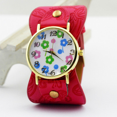 shsby Nyomtatott bőr karkötő karóra Széles sávú női ruha Óra színes virágok Divat Női alkalmi karóra lány ajándéka