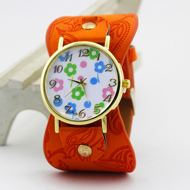 shsby Nyomtatott bőr karkötő karóra Széles sávú női ruha Óra színes virágok Divat Női alkalmi karóra lány ajándéka