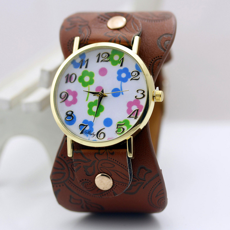 shsby Nyomtatott bőr karkötő karóra Széles sávú női ruha Óra színes virágok Divat Női alkalmi karóra lány ajándéka