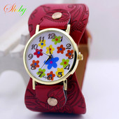 shsby Saabumine Trükitud nahast käevõru Käekell Lai riba Kleit Kell värvilised lilled Mood Naiste vabaaja käekell tüdruku kingitus