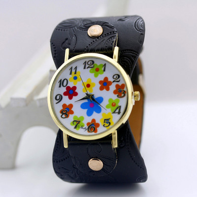 shsby Saabumine Trükitud nahast käevõru Käekell Lai riba Kleit Kell värvilised lilled Mood Naiste vabaaja käekell tüdruku kingitus
