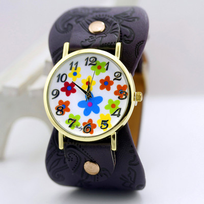 shsby Saabumine Trükitud nahast käevõru Käekell Lai riba Kleit Kell värvilised lilled Mood Naiste vabaaja käekell tüdruku kingitus