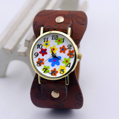 shsby Saabumine Trükitud nahast käevõru Käekell Lai riba Kleit Kell värvilised lilled Mood Naiste vabaaja käekell tüdruku kingitus