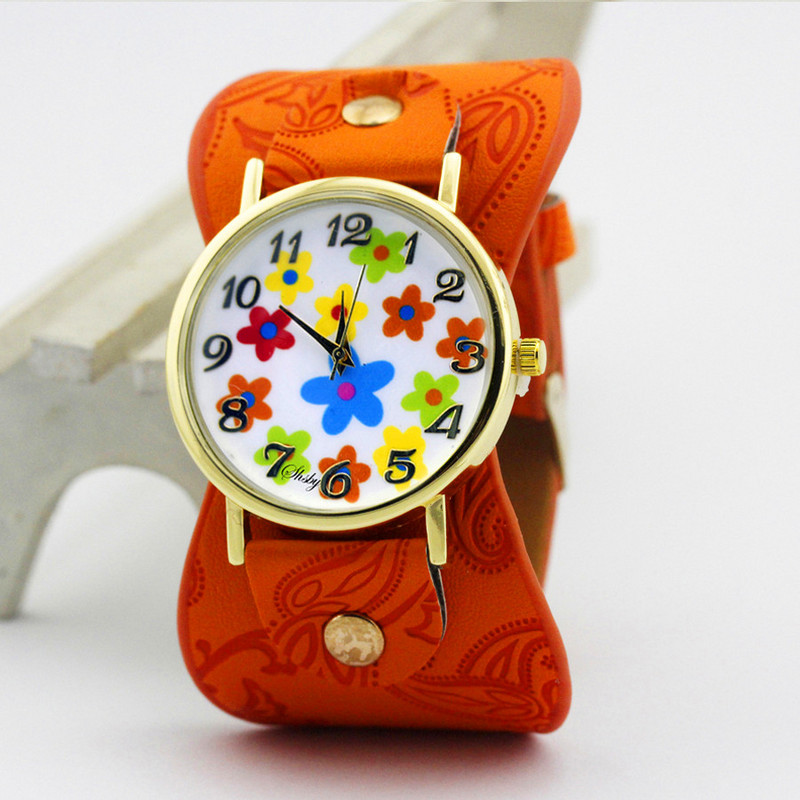 shsby Saabumine Trükitud nahast käevõru Käekell Lai riba Kleit Kell värvilised lilled Mood Naiste vabaaja käekell tüdruku kingitus