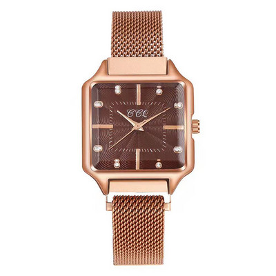 Hétköznapi női négyzet alakú kvarc karóra új divat, hullámos acélhálós szíj, női óra fúró rózsa arany női ruhaóra