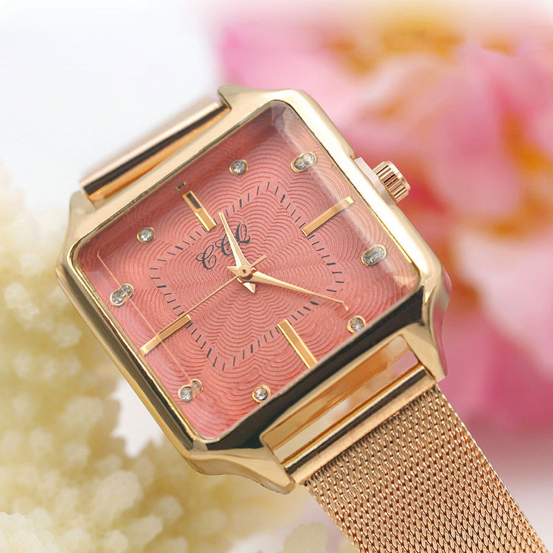 Hétköznapi női négyzet alakú kvarc karóra új divat, hullámos acélhálós szíj, női óra fúró rózsa arany női ruhaóra