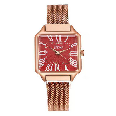 Római rózsaarany női ruha óra Alkalmi női négyzet alakú kvarc karóra Új divat, hullámos acélhálós szíjas női óra