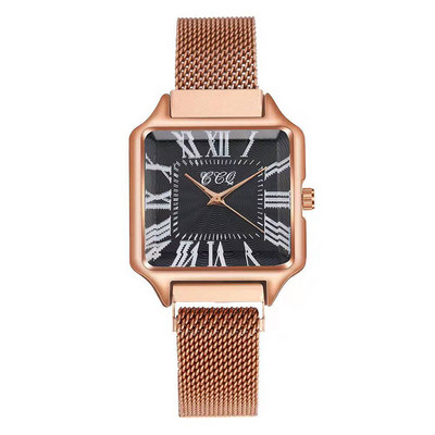Római rózsaarany női ruha óra Alkalmi női négyzet alakú kvarc karóra Új divat, hullámos acélhálós szíjas női óra