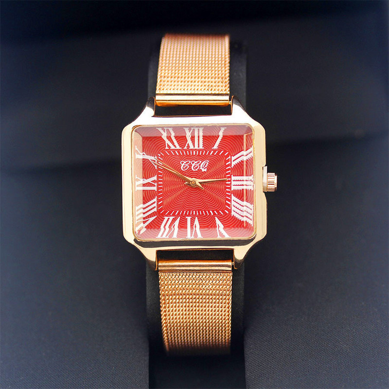 Római rózsaarany női ruha óra Alkalmi női négyzet alakú kvarc karóra Új divat, hullámos acélhálós szíjas női óra