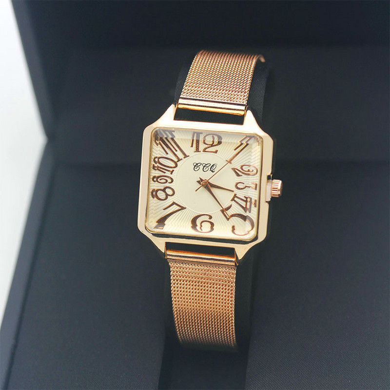 Új divatos, acélhálós pántos női óra, arany rózsa arany női ruhaóra alkalmi női négyzet alakú kvarc karóraM