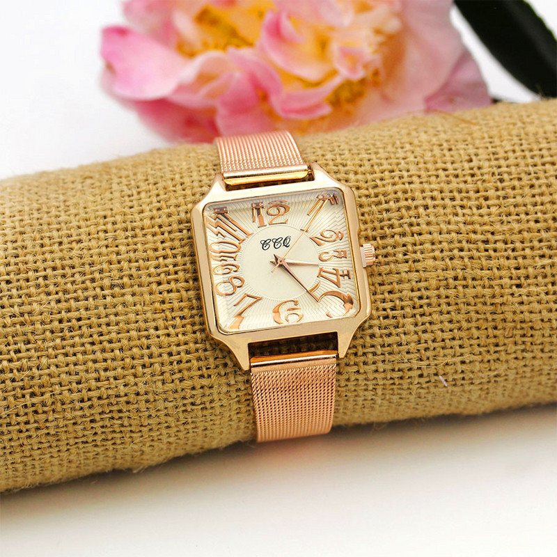 Új divatos, acélhálós pántos női óra, arany rózsa arany női ruhaóra alkalmi női négyzet alakú kvarc karóraM