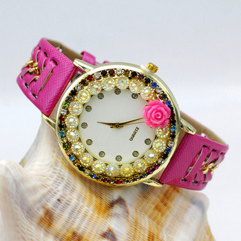 Νέο γυναικείο λουλούδι χειροποίητο ρολόι χειρός Ροζ γυναικείο φόρεμα Χρώμα αστραφτερό ρολόι με δερμάτινο λουρί από στρας Γλυκό ρολόι κοριτσιών