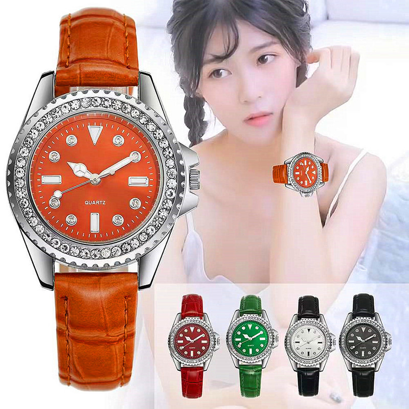 Γυναικείο γυαλιστερό ρολόι χειρός από στρας Γυναικείο φόρεμα ρολόι χαλαζία Ζευγάρια βραχιόλι Ρολόγια με δερμάτινο λουράκι Γυναικείο ρολόι