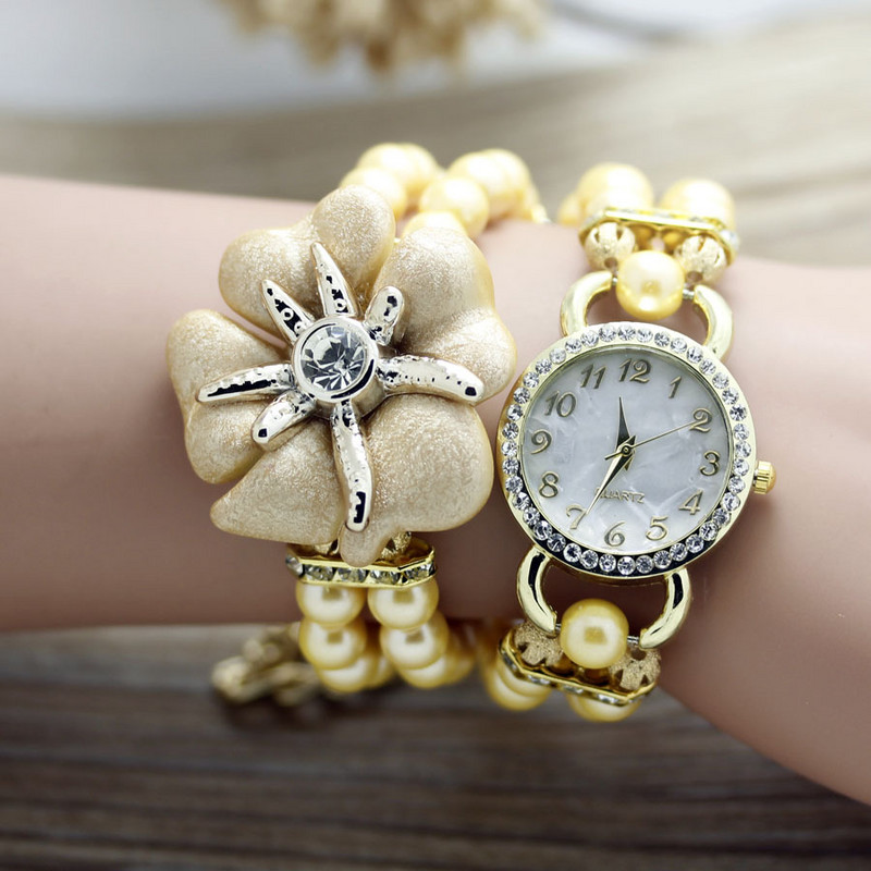 shsby jauns augstas kvalitātes Sieviešu pērļu siksniņa jūras zvaigzne ziedu rokassprādze kvarca rokas pulksteņi sieviešu kleita pulksteņi rhinestone pulksteņi