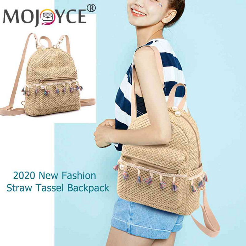 Divat szalma női hátizsák, szövésű bojtos strand vállas iskolatáska női utazó hátizsák mini hátizsák női Mochila telefontáska