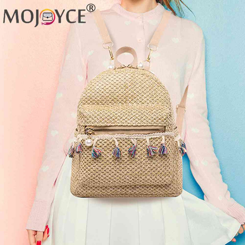 Divat szalma női hátizsák, szövésű bojtos strand vállas iskolatáska női utazó hátizsák mini hátizsák női Mochila telefontáska