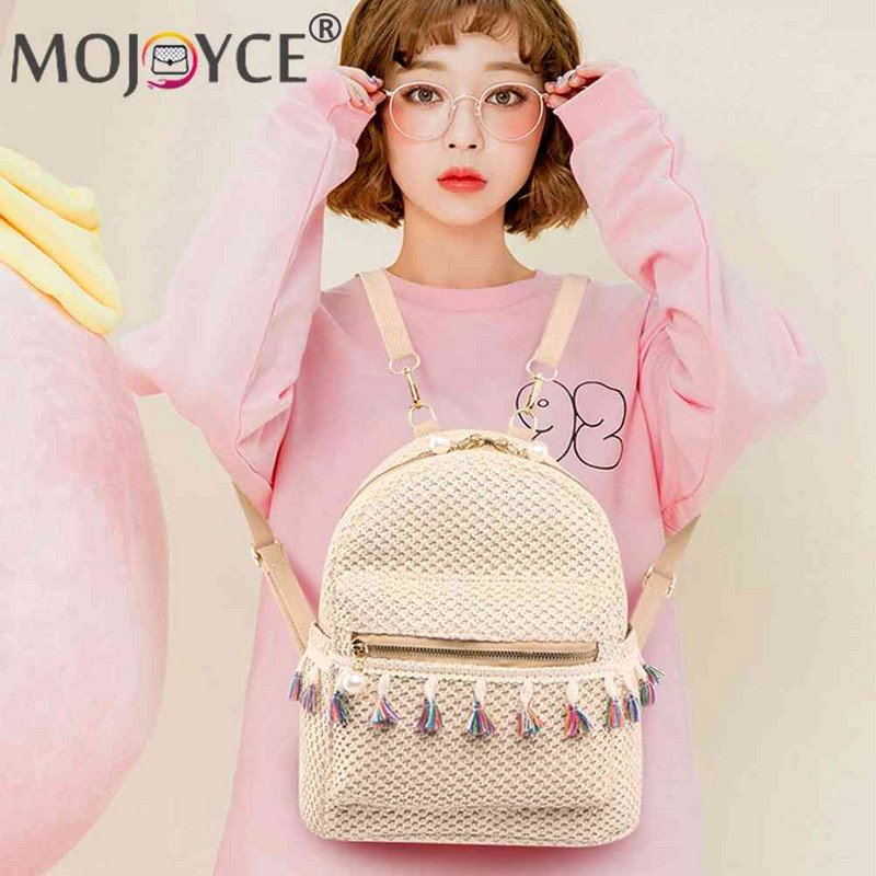 Divat szalma női hátizsák, szövésű bojtos strand vállas iskolatáska női utazó hátizsák mini hátizsák női Mochila telefontáska