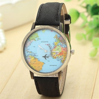 Cool Mini World Fashion Quartz Ρολόι Ανδρικά Unisex Χάρτης με αεροπλάνο Ταξίδι σε όλο τον κόσμο Γυναικεία δερμάτινα ρολόγια χειρός