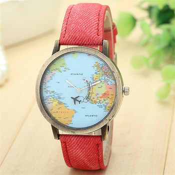 Cool Mini World Fashion Quartz Ρολόι Ανδρικά Unisex Χάρτης με αεροπλάνο Ταξίδι σε όλο τον κόσμο Γυναικεία δερμάτινα ρολόγια χειρός