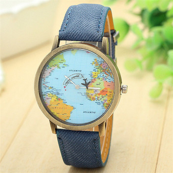 Cool Mini World Fashion Quartz Ρολόι Ανδρικά Unisex Χάρτης με αεροπλάνο Ταξίδι σε όλο τον κόσμο Γυναικεία δερμάτινα ρολόγια χειρός