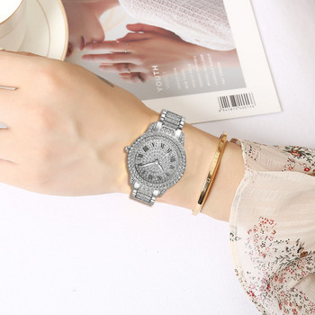 2 τμχ Πολυτελή γυναικεία ρολόγια διαμαντιών Hip hop βραχιόλι Γυναικείο ρολόι χαλαζία Ροζ χρυσό Γυναικείο ρολόι χειρός Shiny Crystal Reloj Mujer