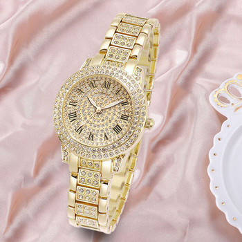 2 τμχ Πολυτελή γυναικεία ρολόγια διαμαντιών Hip hop βραχιόλι Γυναικείο ρολόι χαλαζία Ροζ χρυσό Γυναικείο ρολόι χειρός Shiny Crystal Reloj Mujer