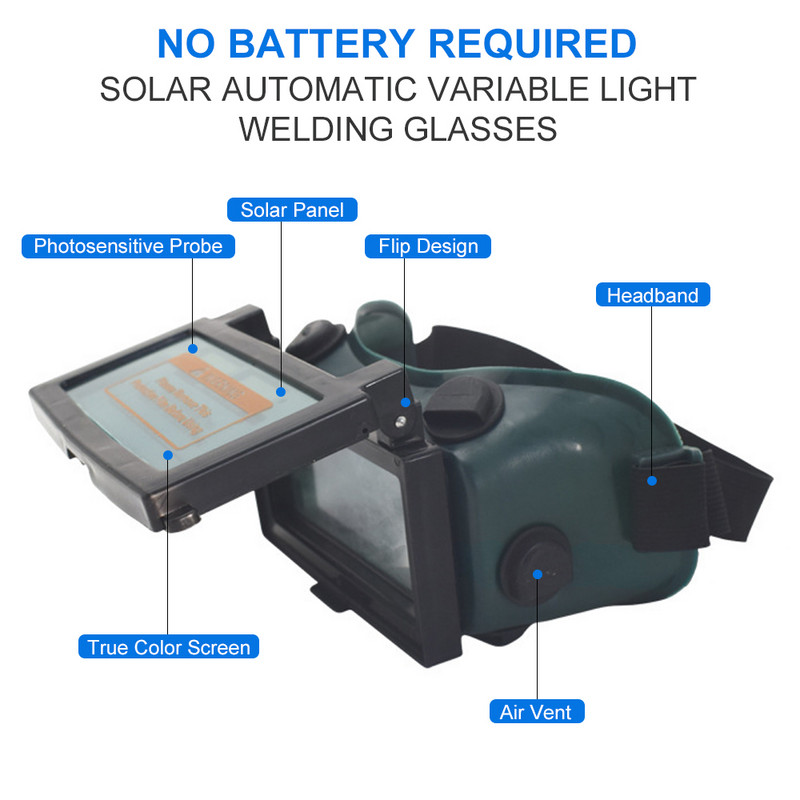 Napelemes automata, változó fényű hegesztőüvegek kettős lencsés hegesztési tükröződés elleni védelemmel, argon ívhegesztési szemüveggel