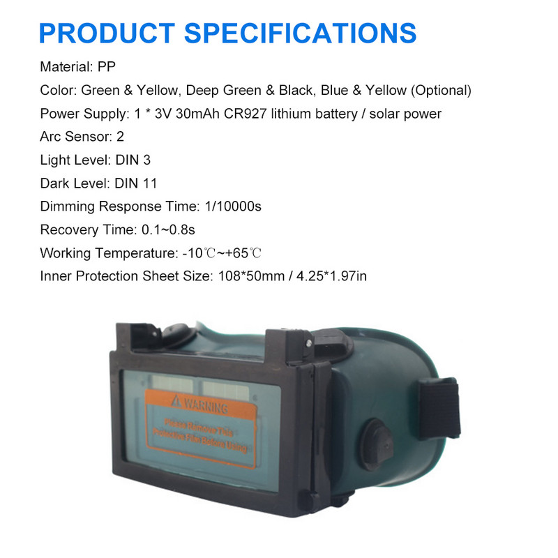 Napelemes automata, változó fényű hegesztőüvegek kettős lencsés hegesztési tükröződés elleni védelemmel, argon ívhegesztési szemüveggel