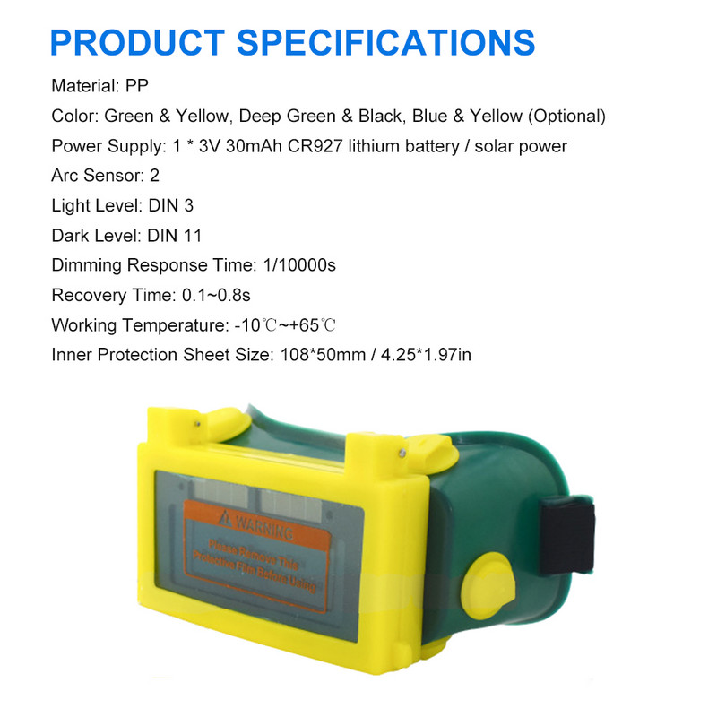 Napelemes automata, változó fényű hegesztőüvegek kettős lencsés hegesztési tükröződés elleni védelemmel, argon ívhegesztési szemüveggel