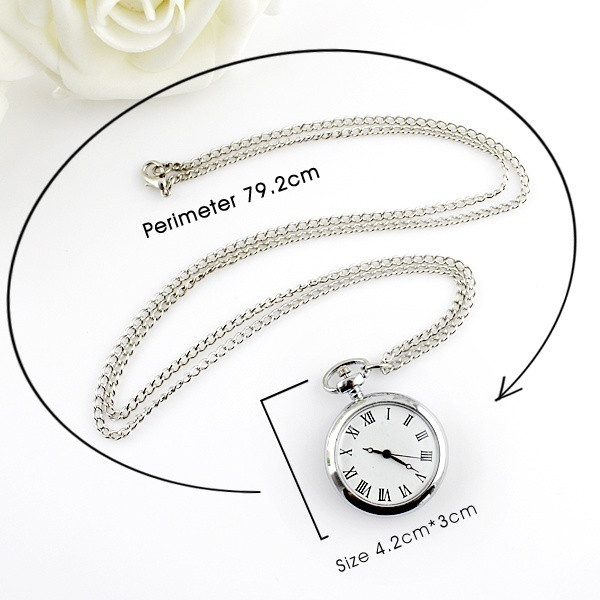 Ceas de buzunar fermecător din aliaj de culoare argintie la modă nouă, cu lanț lung