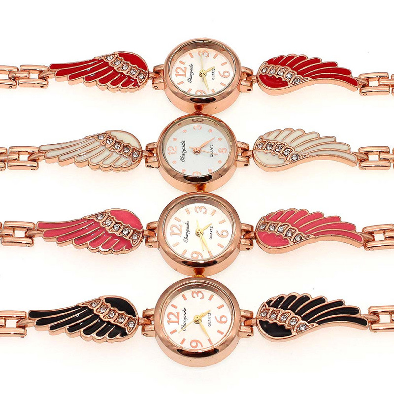 Krāsains Angel Wing Band Crystal Rhinestone kleita sievietēm pulkstenis Sieviešu pulkstenis Stundas Kvarca kleita Rokas pulksteņi O91 meiteņu pulkstenis