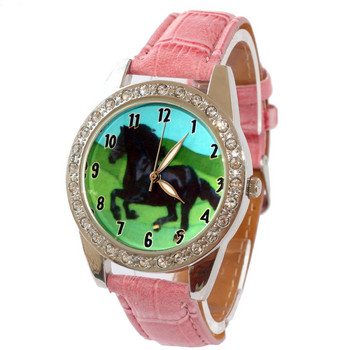 Νέος Μόδας Χρωματιστός ιμάντας Μαύρο άλογο Γυναικείο κορίτσι Δερμάτινο Χαλαζία Φοιτητικό Παιδικό Παιδικό Ρολόι Χειρός Κρυστάλλου Διαμάντια L18P παιδικό ρολόι