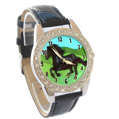 New Fashion Curea colorată Black Horse Lady Femei Fată Piele Cuarț Student Copii Cristal Diamante Ceas de mână L18P Ceas pentru copii