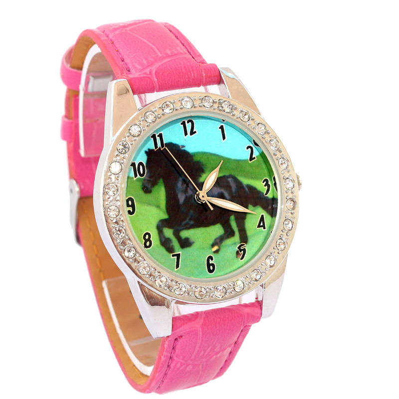 Novi modni remen u boji Black Horse Lady Ženski Djevojački Kožni Kvarc Studentski Dječji Crystal Diamonds Ručni sat L18P dječji sat