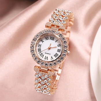 Нови дамски часовници с гривни от 2022 г. Стоманен колан с инкрустация от кристали Кварцов ръчен часовник Луксозен моден златен часовник за жени