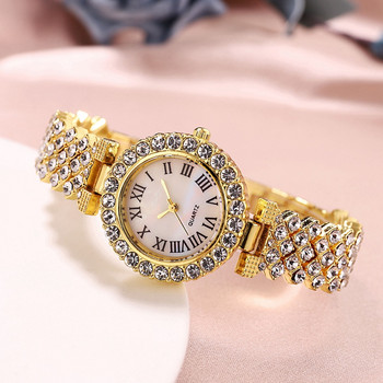 2022 Νέα γυναικεία ρολόγια βραχιολιών από ατσάλι με ένθετο ρολόι χειρός από χαλαζία από στρας Πολυτελές χρυσό ρολόι για γυναίκες