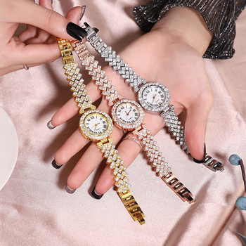 2022 Νέα γυναικεία ρολόγια βραχιολιών από ατσάλι με ένθετο ρολόι χειρός από χαλαζία από στρας Πολυτελές χρυσό ρολόι για γυναίκες