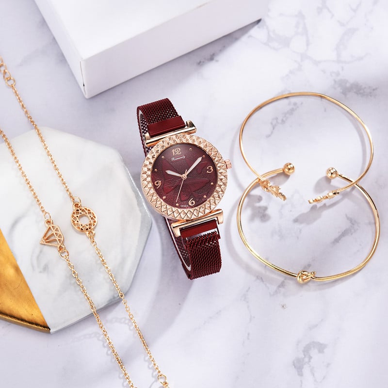 5 TK Naiste käekellakomplekt Luksuslik Roosa Kuldne Kleit Kvarts Kell Käevõru Naiste Spordi Käekell Kell Kingitus Naine Relogio Feminino